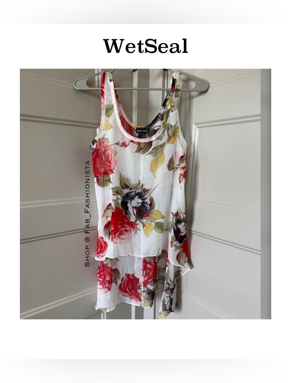 🛍️ Wet Seal White and Red Floral Tank Top hi lo